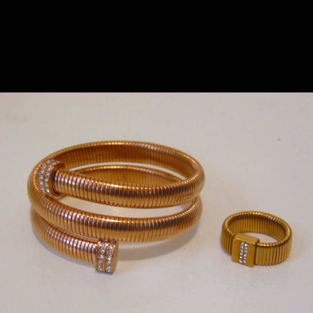 Emma Skye  Rosetone Stainless Steel Crystal Coil Wrap Bracelet and Ring Set